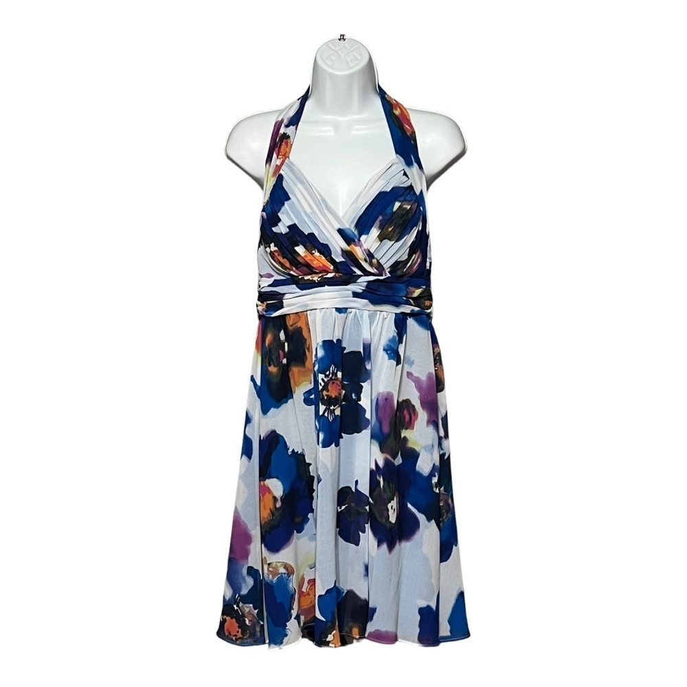 Donna Morgan Pleated Halter Dress 6 Petite Blue Floral Backless Sweetheart Neck
